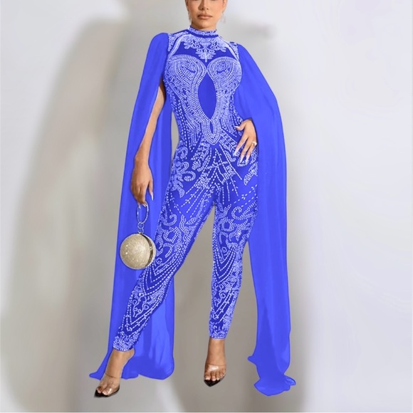 NEW Blue Bling Rhinestone Mesh Jumpsuit with Long Cape Sleeves
